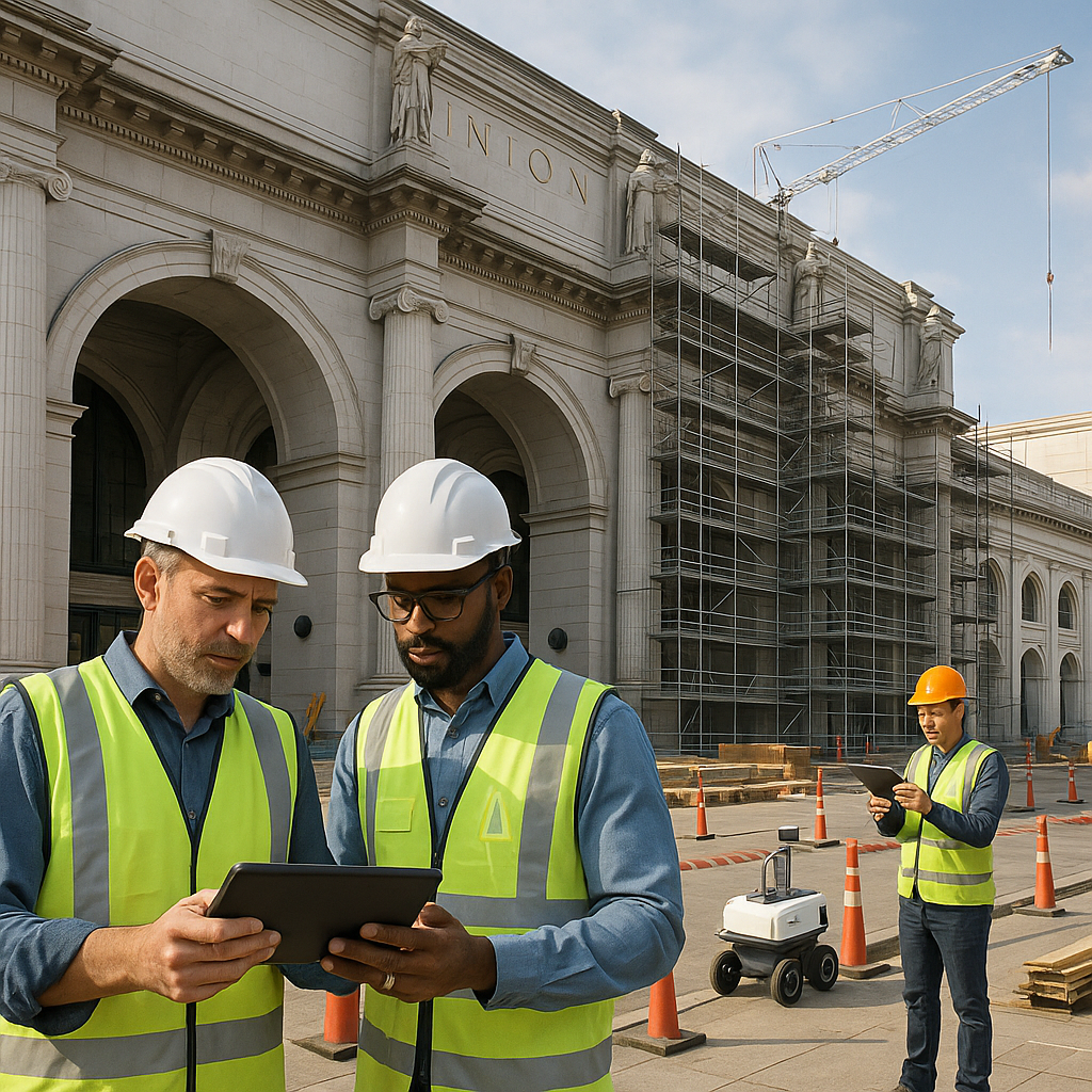 A detailed rendering of Washington Union Station under renovation, with construction workers using tablets and AI-powere...