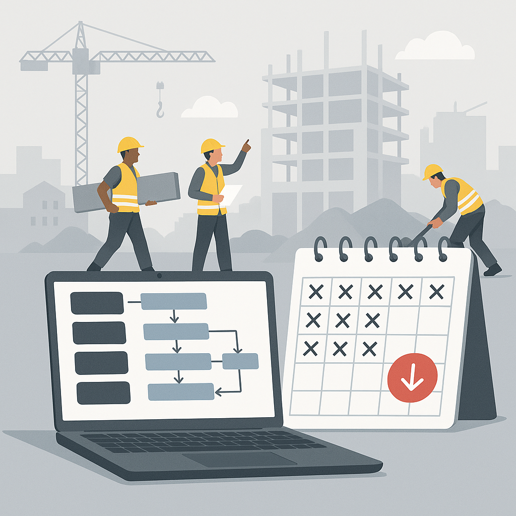 An illustration showing a construction site with workers, a laptop displaying structured procurement workflows, and a ca...