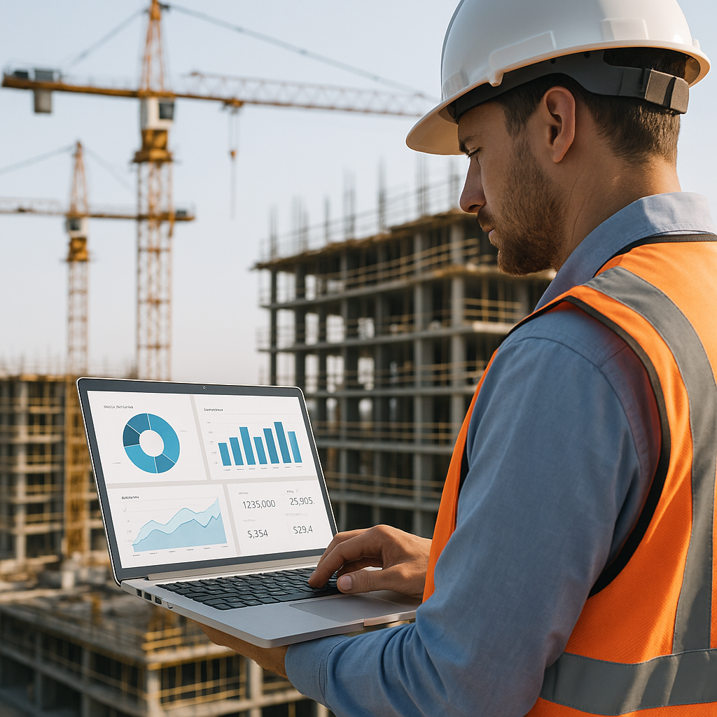 A contractor reviewing ERP dashboards on a laptop at a construction site, with cranes and scaffolding in the background.