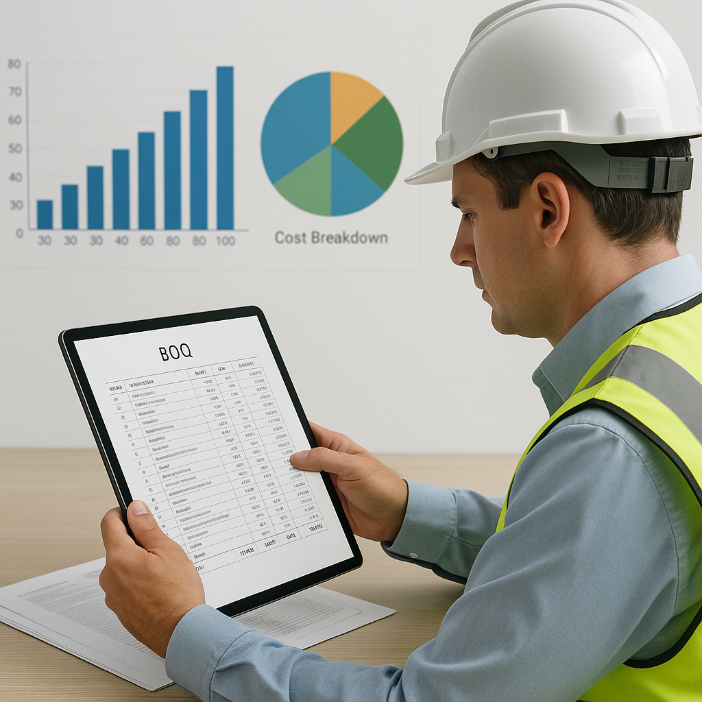 A construction estimator reviewing detailed BOQ documents on a tablet, with graphs and cost breakdown visualizations in...