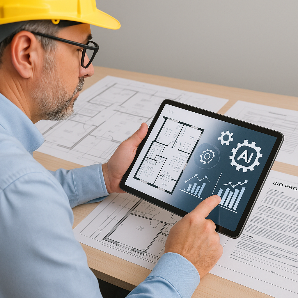 A construction estimator at a desk reviewing digital plans on a tablet, with AI-powered tools and graphs visible on the...
