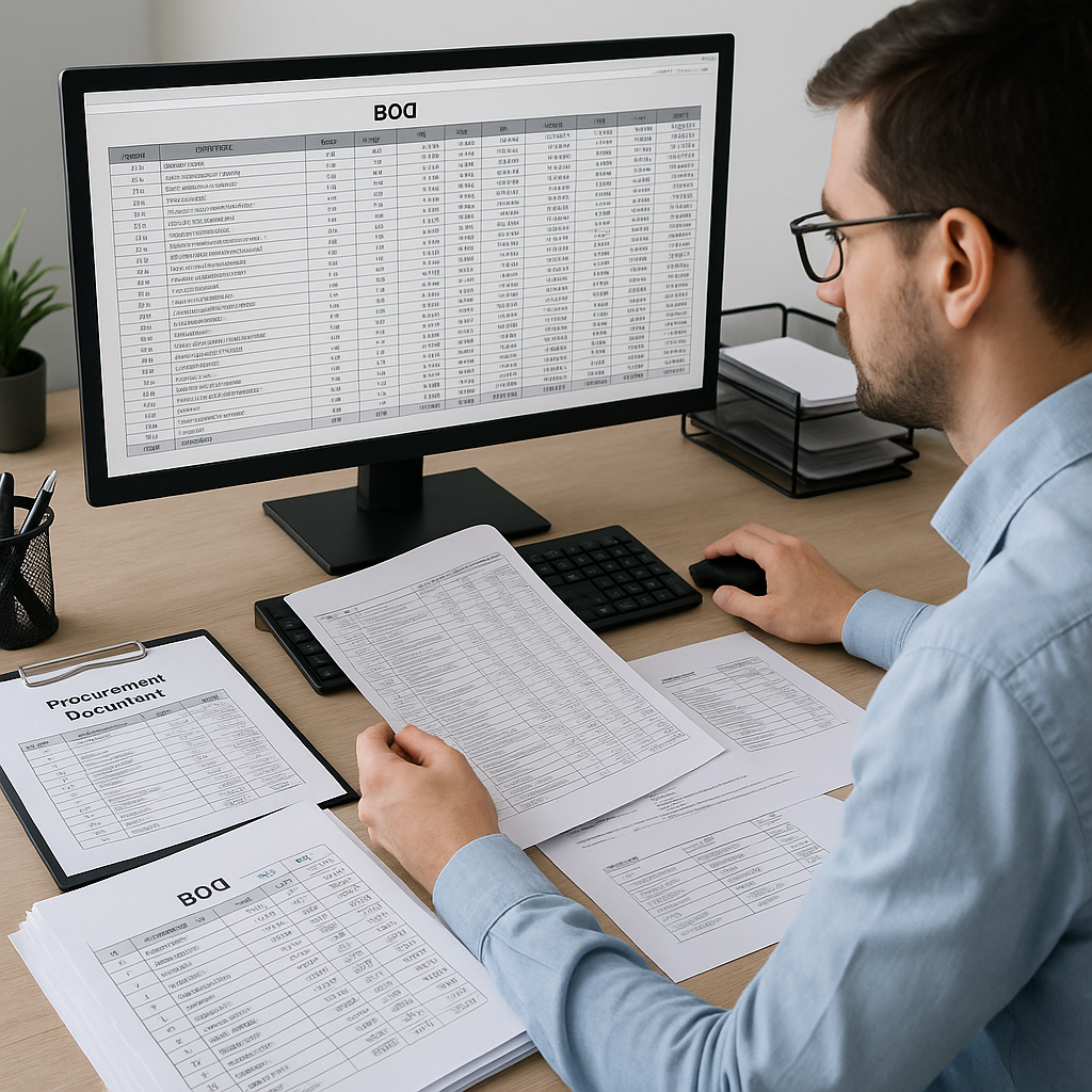A bid engineer analyzing a detailed BOQ spreadsheet on a computer screen, surrounded by procurement documents and vendor...
