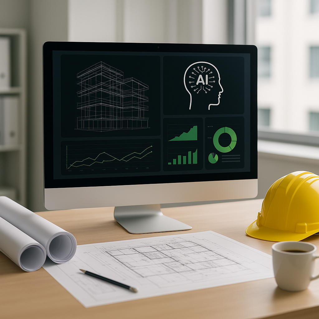 A modern construction office desk with AI software displayed on a monitor, surrounded by blueprints, a hard hat, and a c...