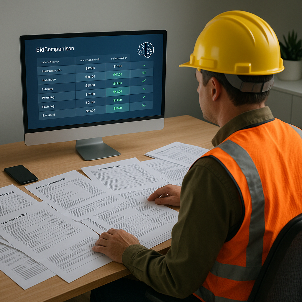 A construction estimator sitting at a desk cluttered with subcontractor bid documents, with a glowing computer screen sh...