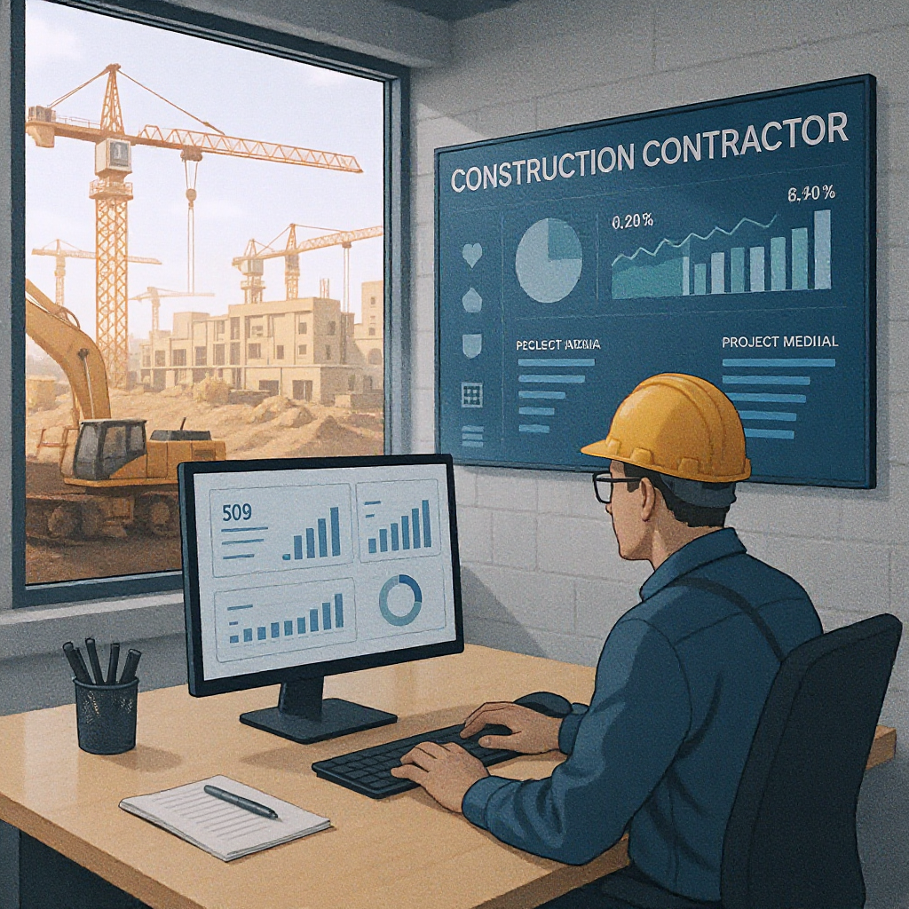 A detailed illustration showing a construction contractor’s office with a digital dashboard displaying real-time project...
