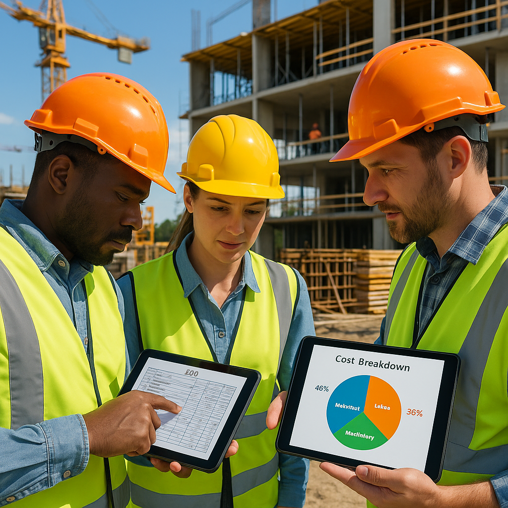 Show a construction site with contractors reviewing BOQ sheets on tablets, alongside a graph visualizing cost breakdown...