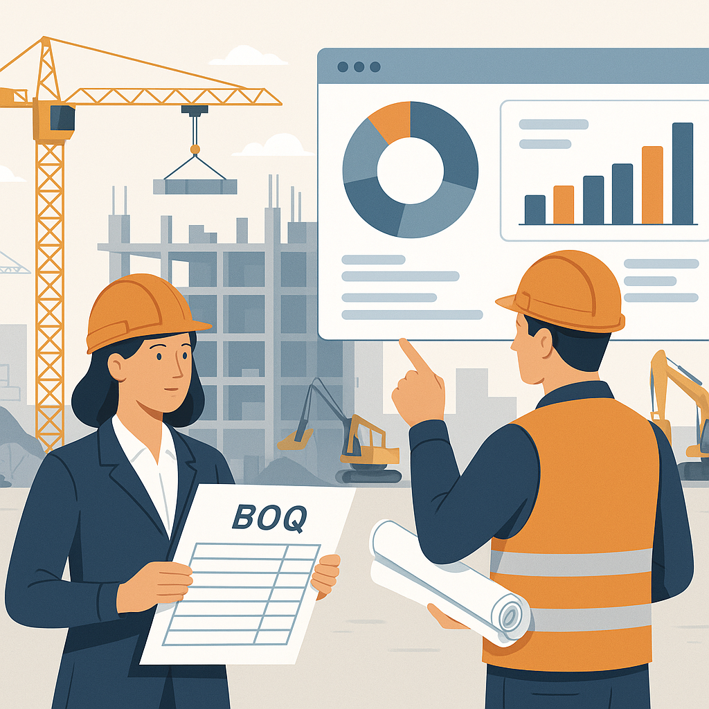 A detailed illustration of a construction site with engineers analyzing BOQ documents and digital dashboards showing cos...