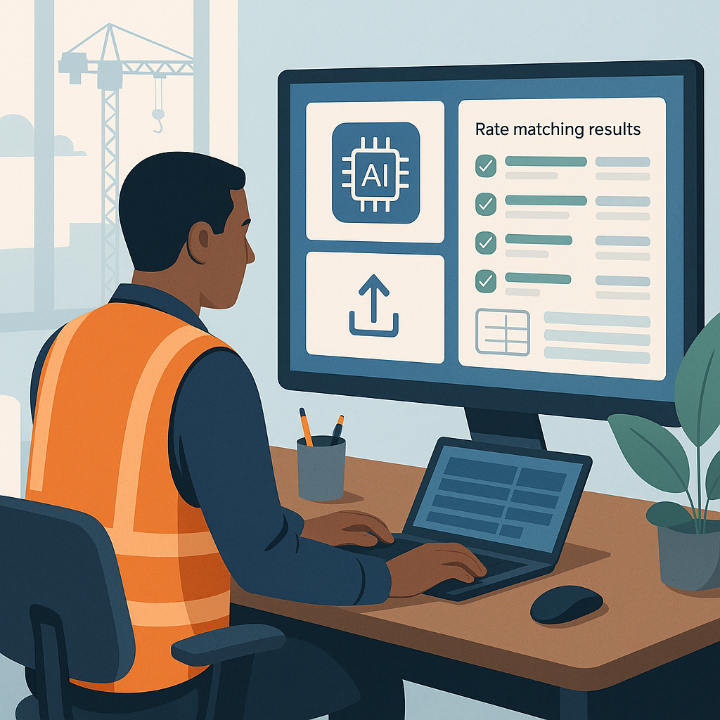 A digital illustration of a construction estimator working at a desk with AI-powered software on the screen. The interfa...