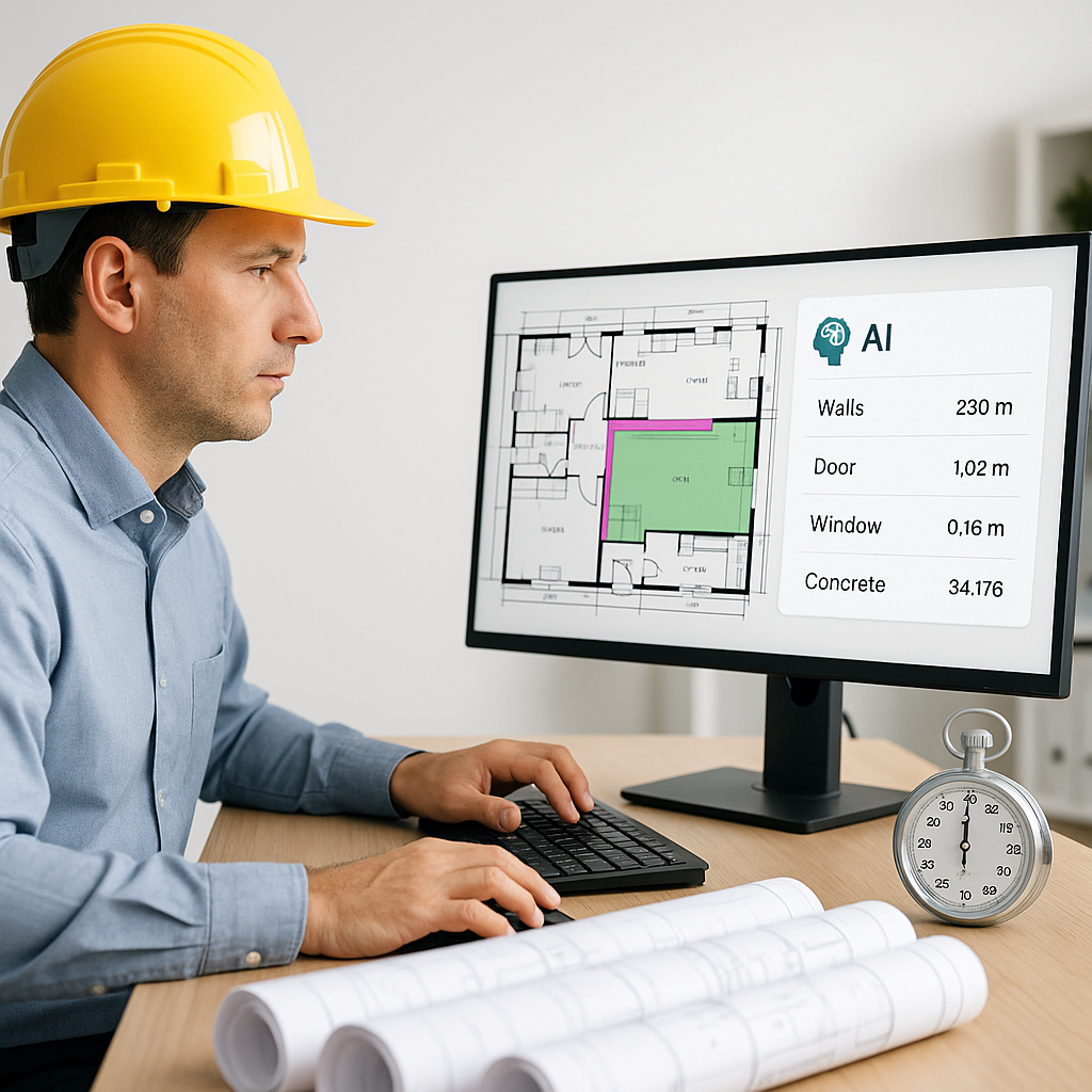 A construction estimator at a desk with AI-powered software on a screen, showing automated takeoff outputs alongside a s...