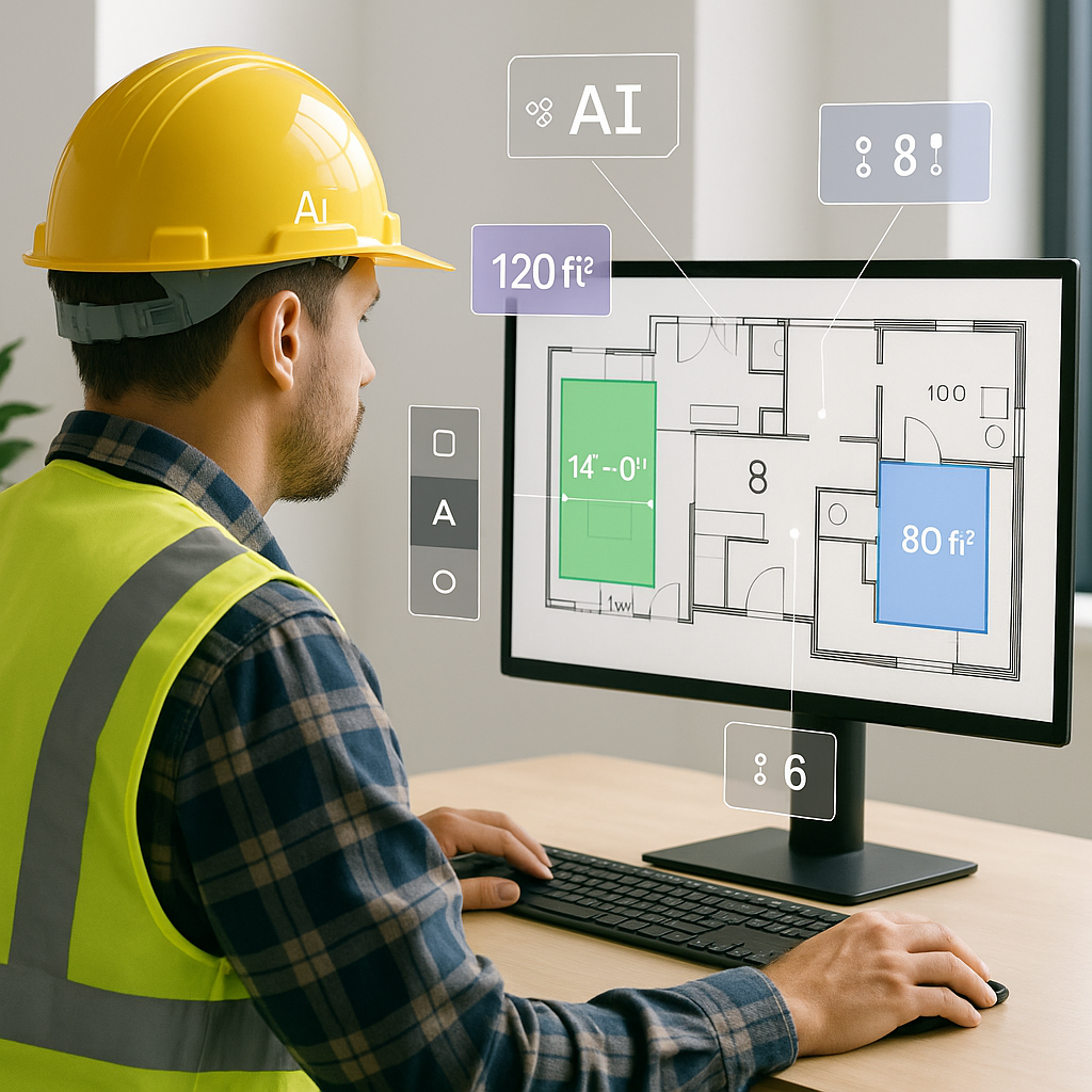 A construction estimator viewing a computer screen with AI software showing a PDF drawing being analyzed for takeoffs, s...