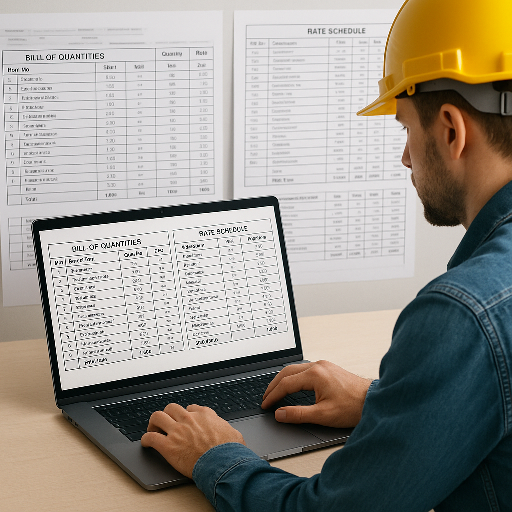 A contractor working on a laptop with detailed BOQ sheets and rate schedules in the background, showcasing a high-tech y...