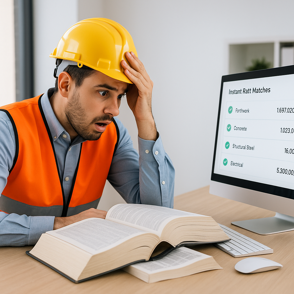 A construction estimator sitting at a desk, overwhelmed by 2,000-page rate books, with an AI-powered screen showing inst...