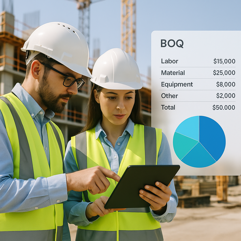 A construction site with engineers reviewing a tablet displaying BOQ data, with a cost breakdown chart overlay.