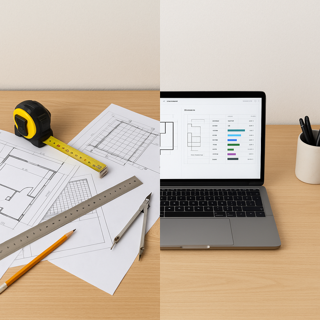 A side-by-side comparison of two workstations: one cluttered with paper drawings and measuring tools, the other with a c...