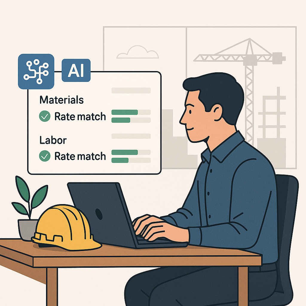 A clean, modern illustration of a construction estimator at a desk, with AI-powered software interface showing rate matc...
