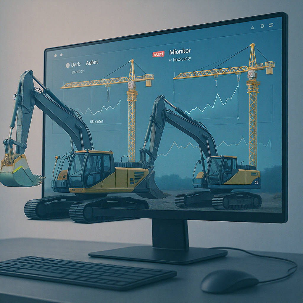 A detailed illustration of construction equipment like excavators and cranes being monitored on a digital dashboard, wit...