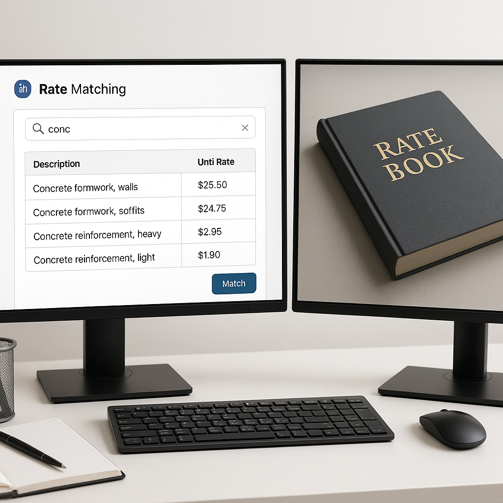 A modern construction estimator's desk with dual monitors showing an AI-powered rate matching interface on one screen an...