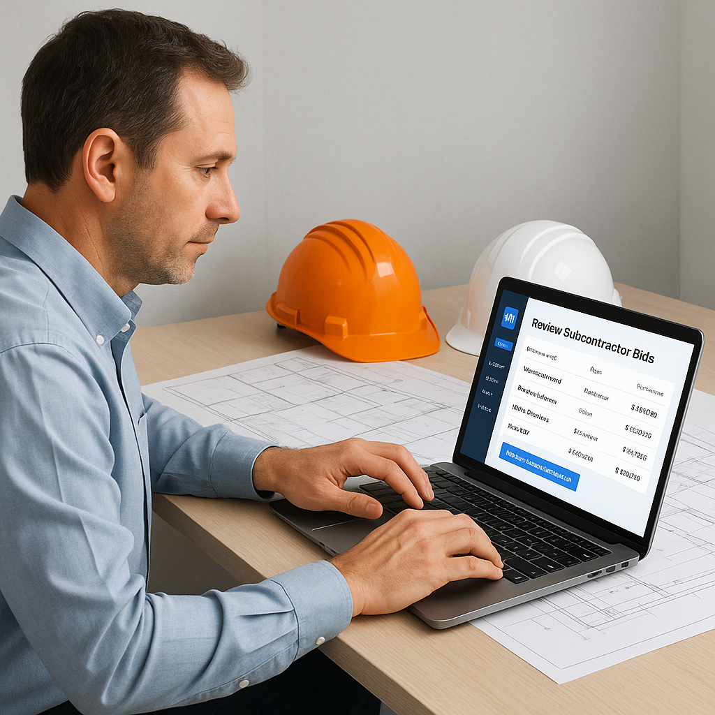 A realistic illustration of a construction estimator reviewing subcontractor bids on a laptop, with an AI-powered tool i...