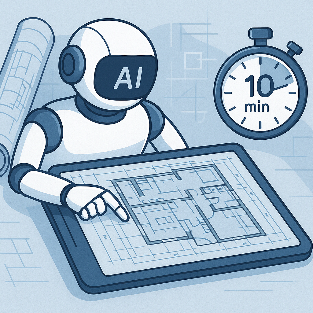 A detailed illustration showing an AI-powered tool analyzing construction blueprints on a digital tablet, with a stopwat...