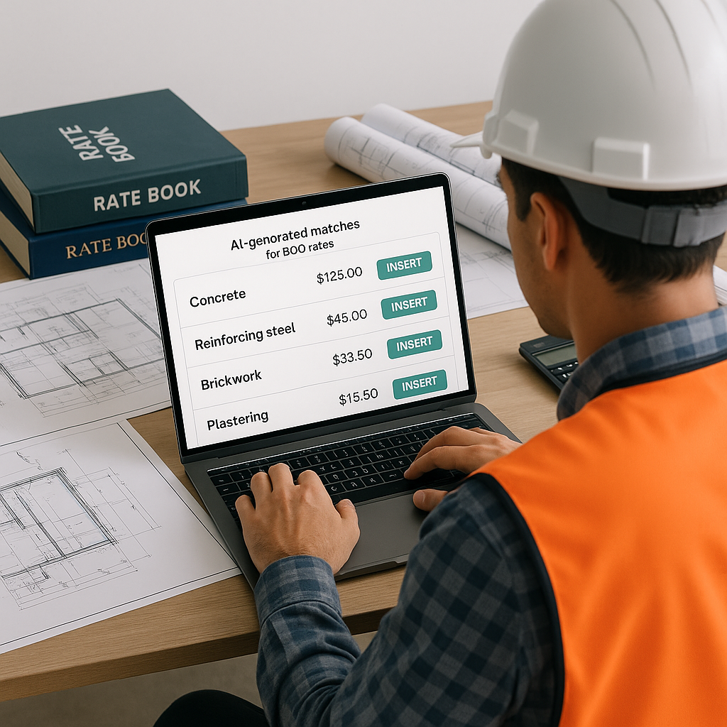 A construction estimator using a laptop, with AI-generated matches for BOQ rates appearing on the screen. Background: a...