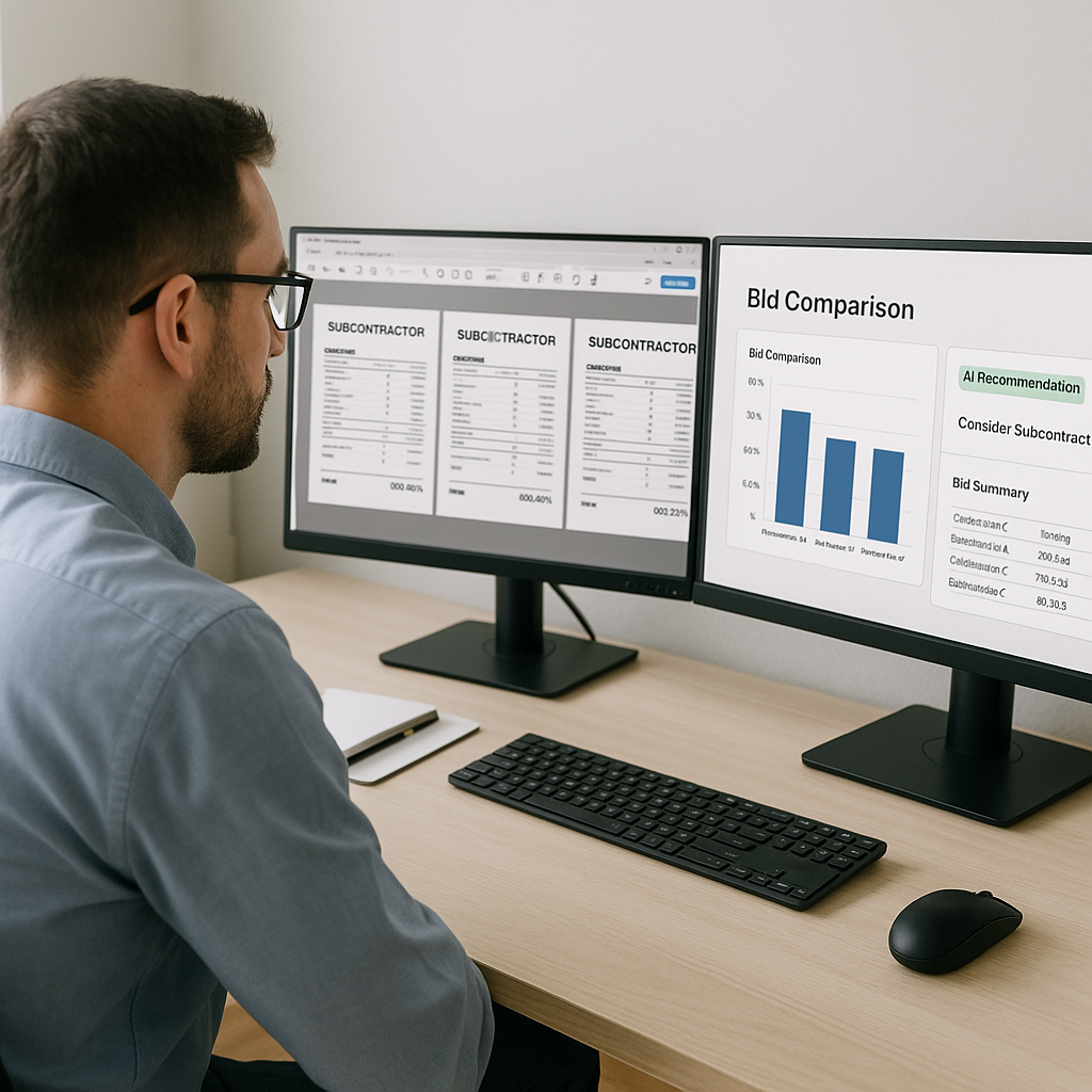 A construction estimator at a desk with multiple subcontractor PDFs on one screen and an AI-powered dashboard on another...