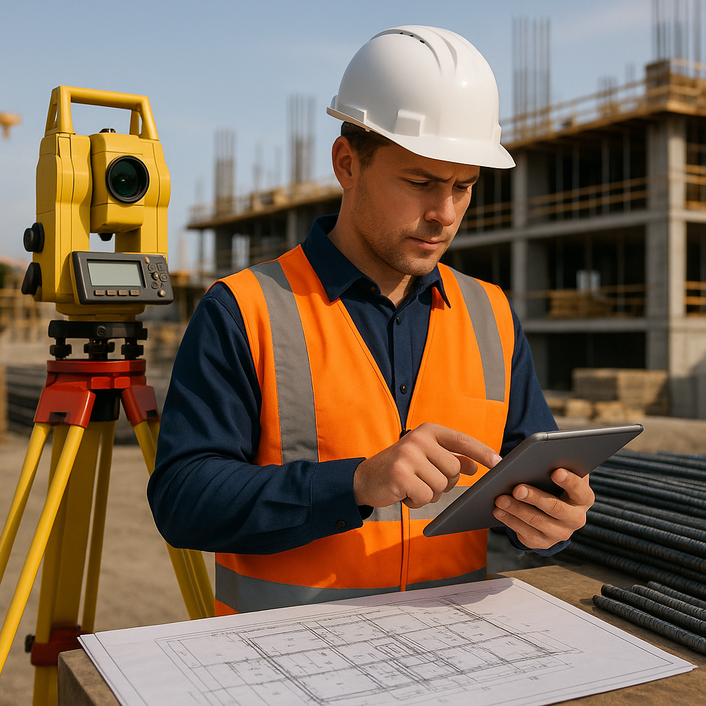 A construction site surveyor using a tablet to input BOQ details, with clear blueprints and materials in the background.