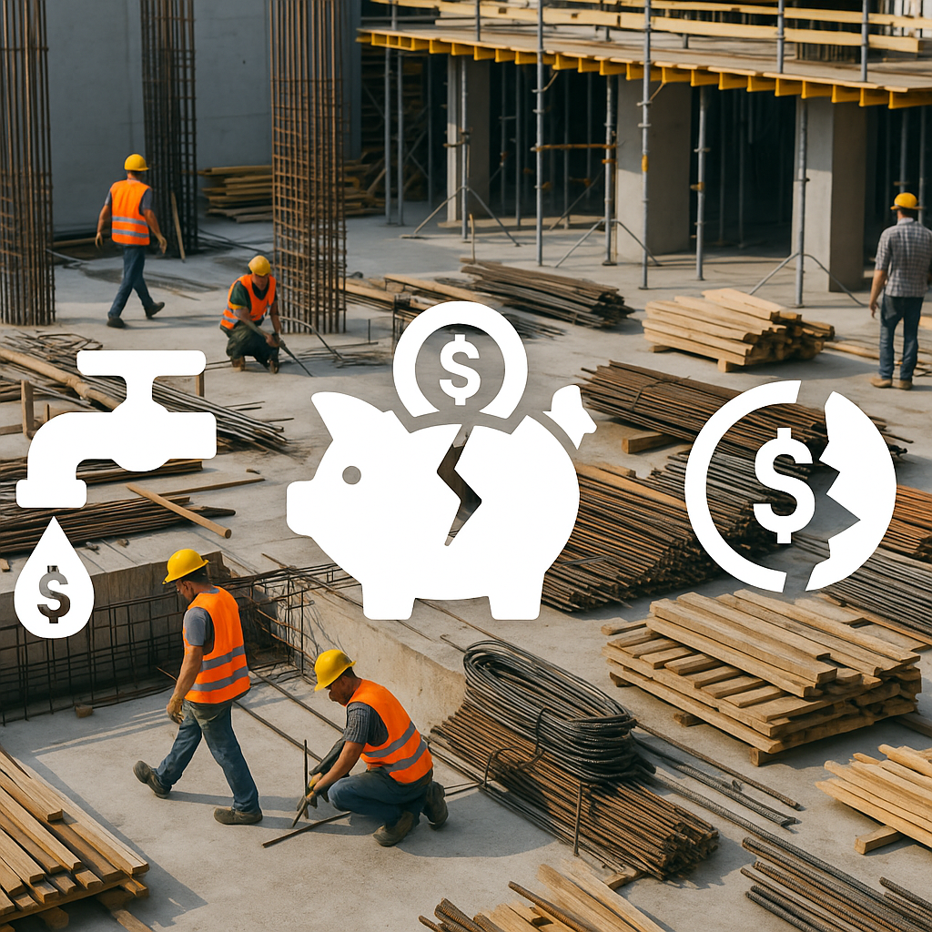 A construction site with workers and materials, overlaid with icons representing money leaks (e.g., a leaking faucet or...