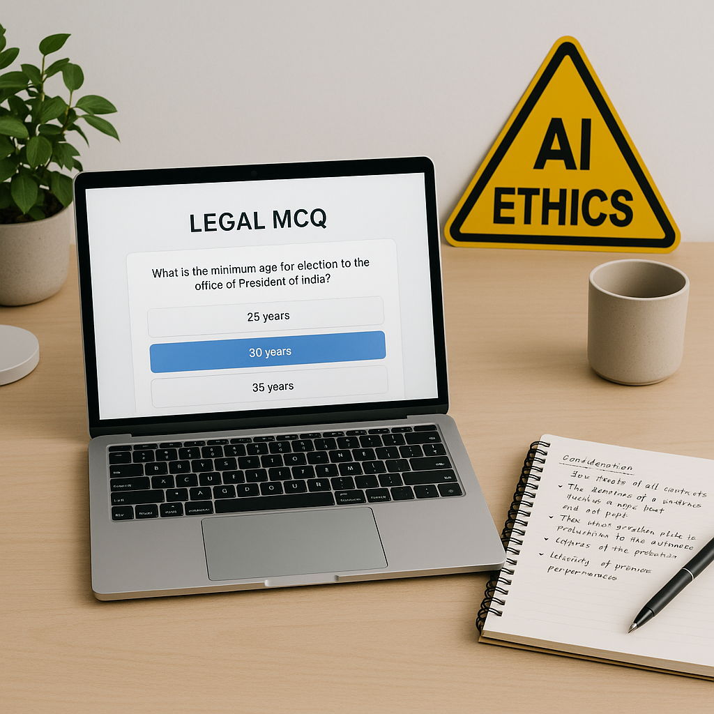 A study desk with an open laptop showing a legal MCQ app, a notebook with handwritten legal notes, and a warning sign ab...