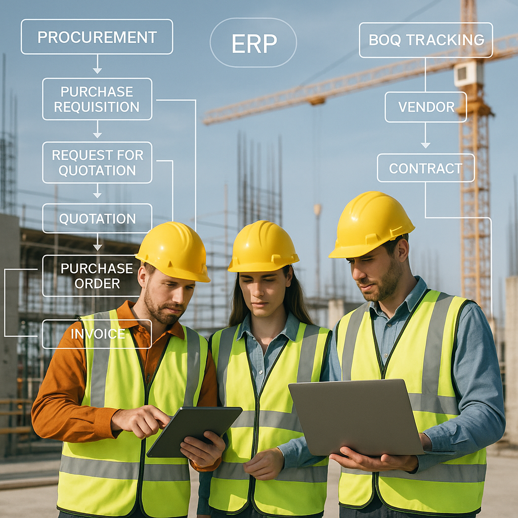 A construction site with workers using tablets and laptops, surrounded by digital overlays showing ERP workflows (e.g.,...
