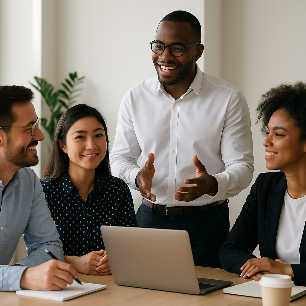 A diverse group of employees collaborating in a modern office setting, with one person leading a discussion, emphasizing...
