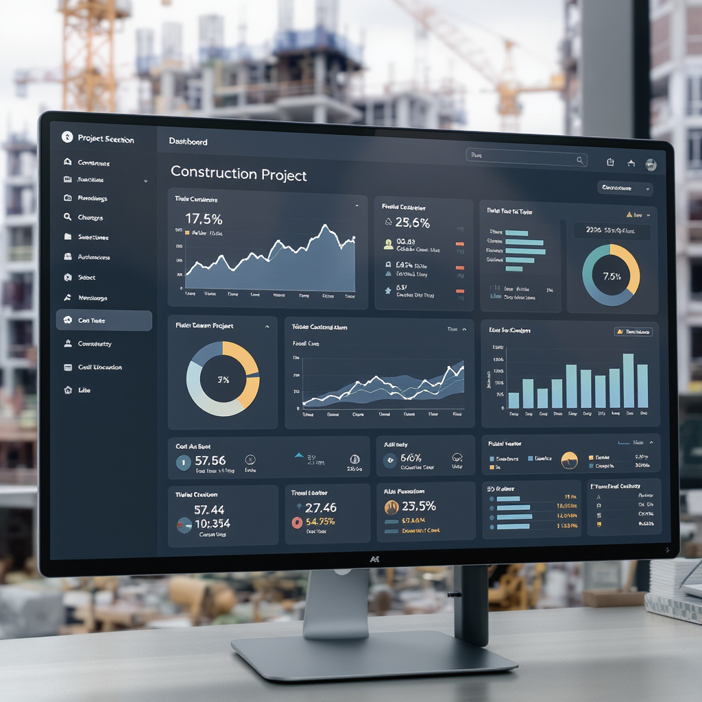 A detailed dashboard showing real-time construction project analytics with charts and graphs, set against a background o...