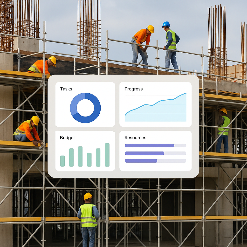 A busy construction site with subcontractors working on scaffolding, overlaid with a modern digital dashboard interface...