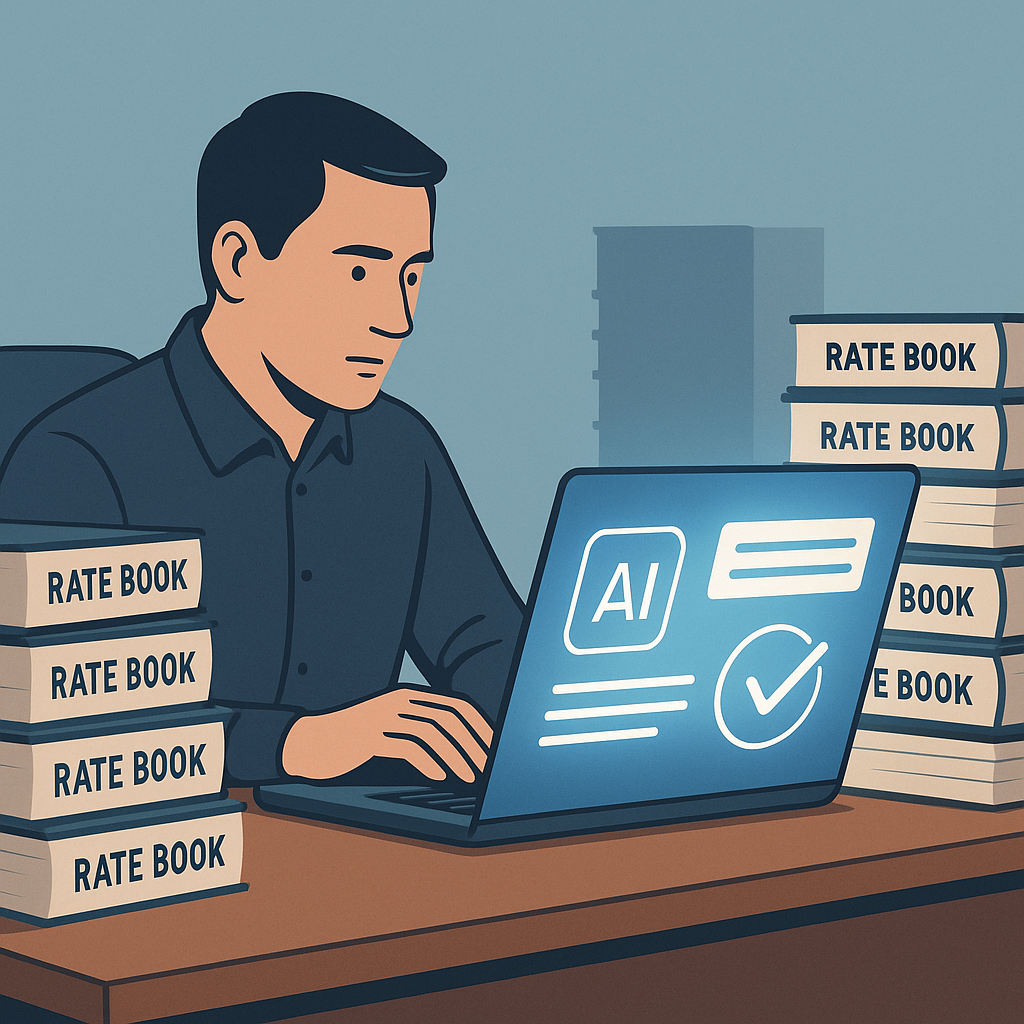 An estimator sitting at a desk surrounded by stacks of rate books, with a glowing laptop screen showing an AI-powered to...
