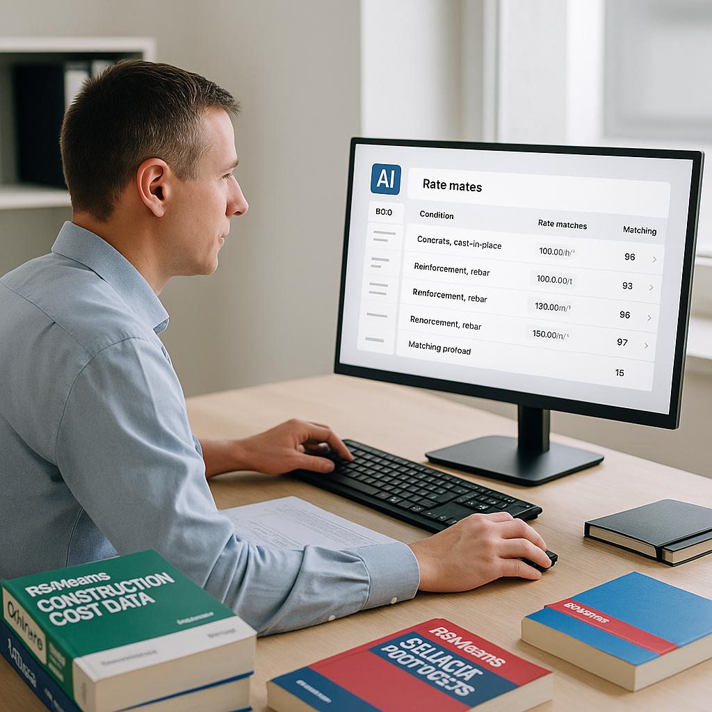 A construction estimator sitting at a desk with AI-powered software on the screen, showing BOQ rate matches in seconds....