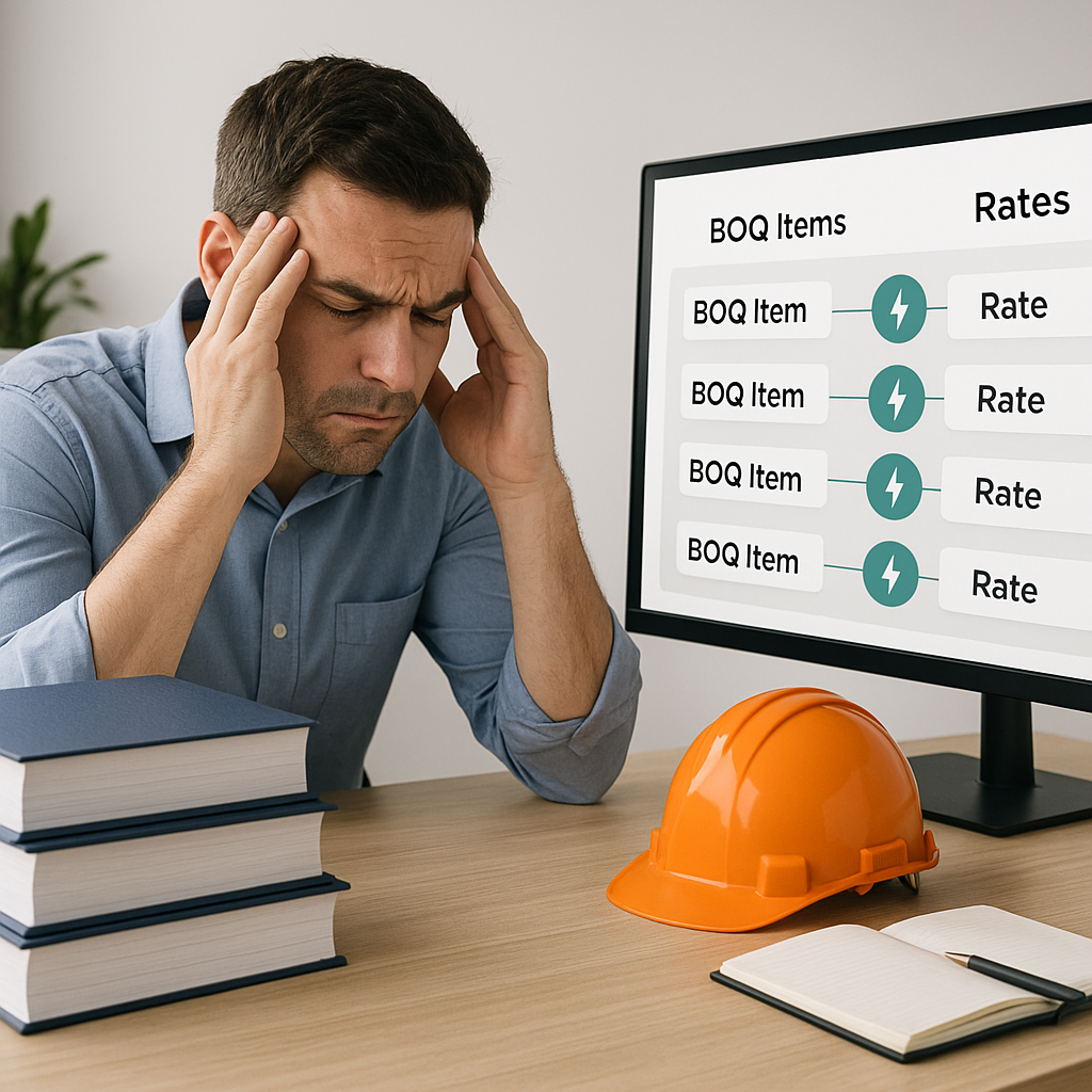 A construction estimator sitting at a desk with stacks of rate books, frustrated, while a screen shows AI software insta...