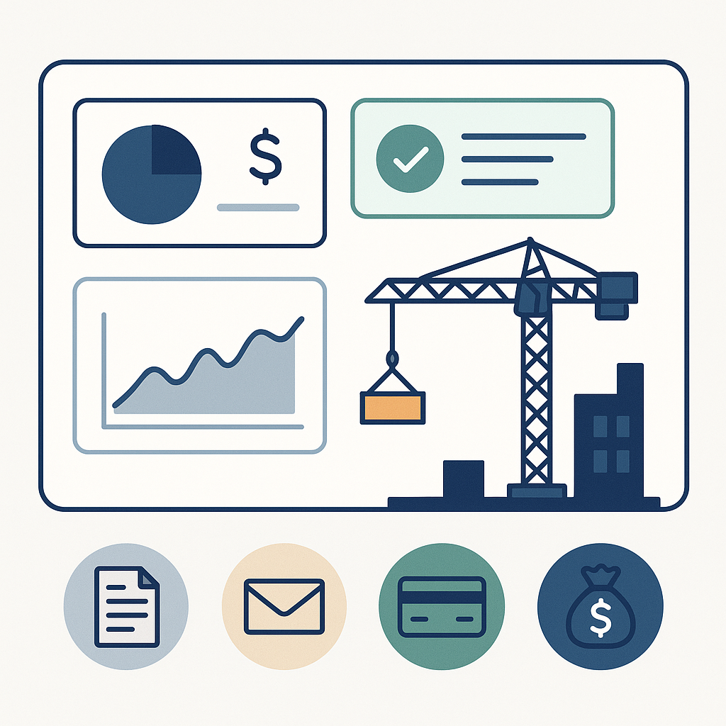 An illustration of a construction project dashboard showing real-time billing status, approvals, and revenue trends, wit...