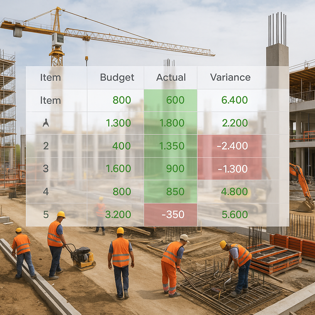 A detailed construction site with workers and equipment, overlaid with a transparent budget spreadsheet showing green (u...