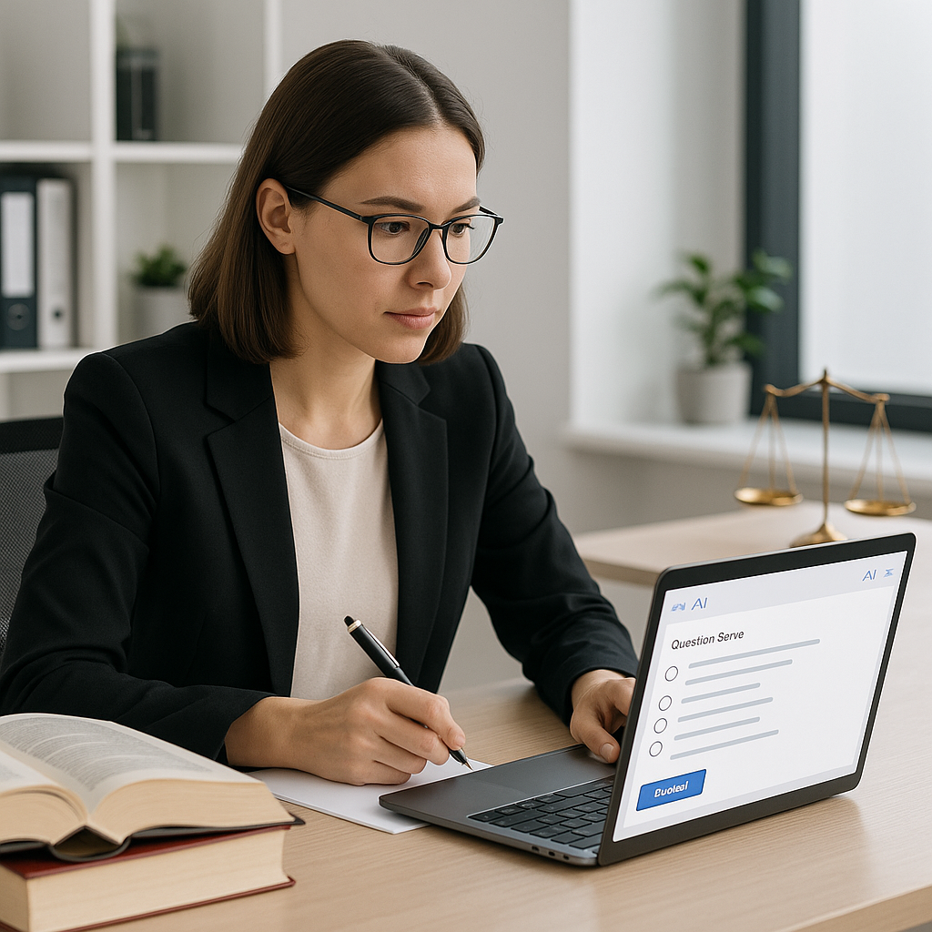 A paralegal sitting at a desk with legal textbooks and a laptop, drilling SQE1 multiple-choice questions on a modern AI-...