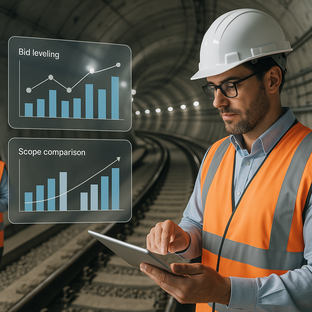 A modern subway construction scene with engineers holding tablets, AI interface overlays showing bid leveling and scope...