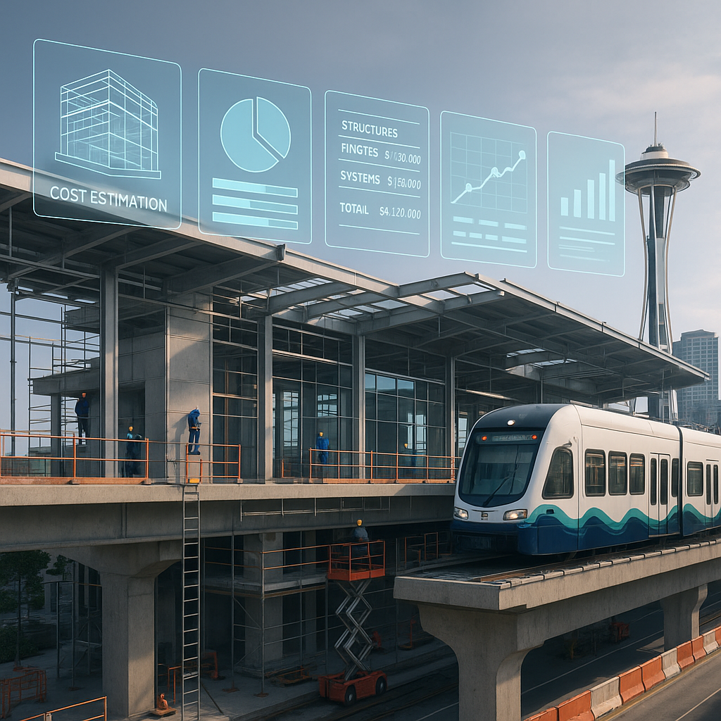 A futuristic rendering of a Seattle light rail station under construction, with digital overlays showing AI-driven cost...