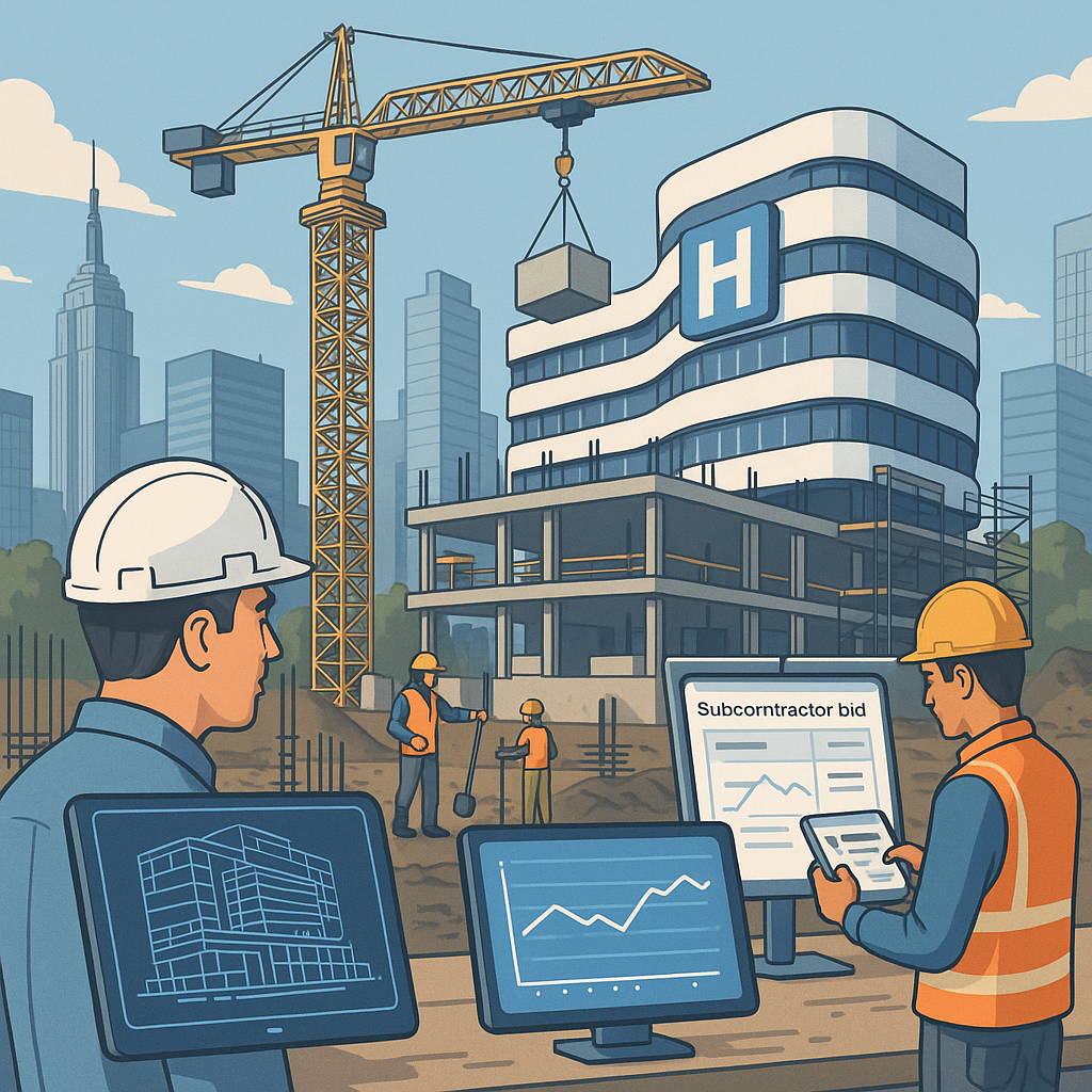 A detailed illustration of a construction site for a futuristic hospital in NYC, with visible AI-powered tools like digi...