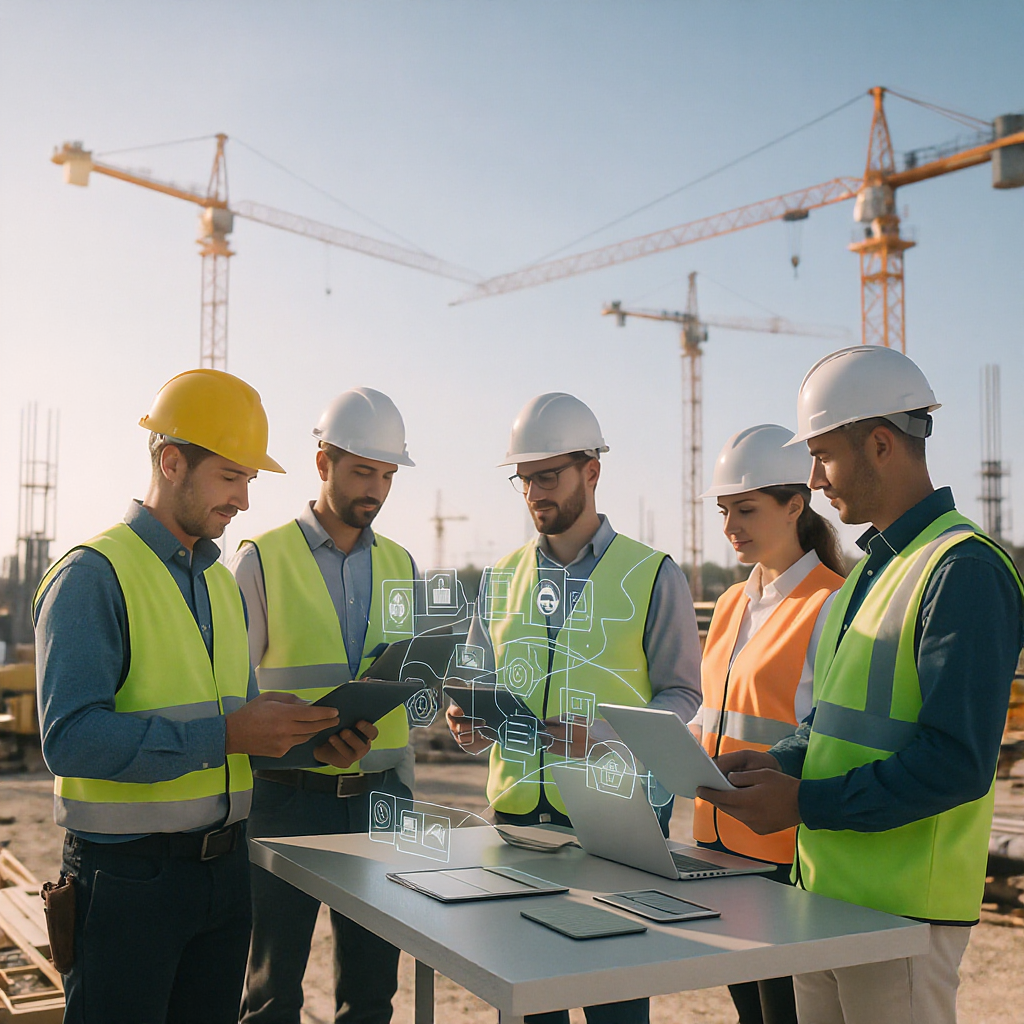 A modern construction site with workers using tablets and laptops, showcasing a digitized workflow. Include cranes and m...
