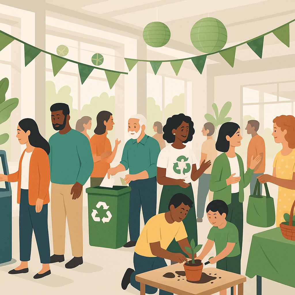 A vibrant community event at an eco-conscious venue with digital check-ins, reusable decorations, and diverse attendees...