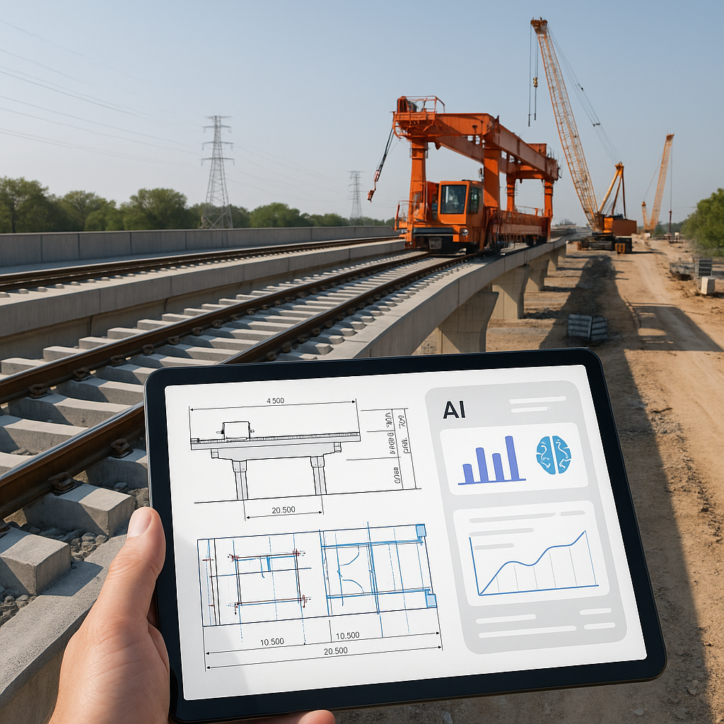 A high-speed rail construction site with detailed project plans and AI-driven estimation tools overlayed on a tablet scr...