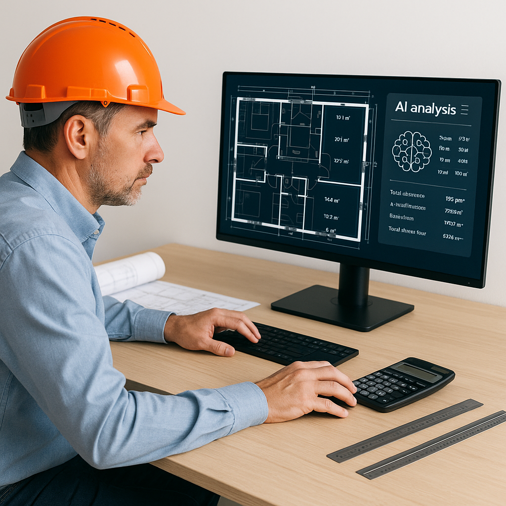 A construction estimator sitting at a desk with AI-powered software analyzing a digital blueprint on a monitor, surround...