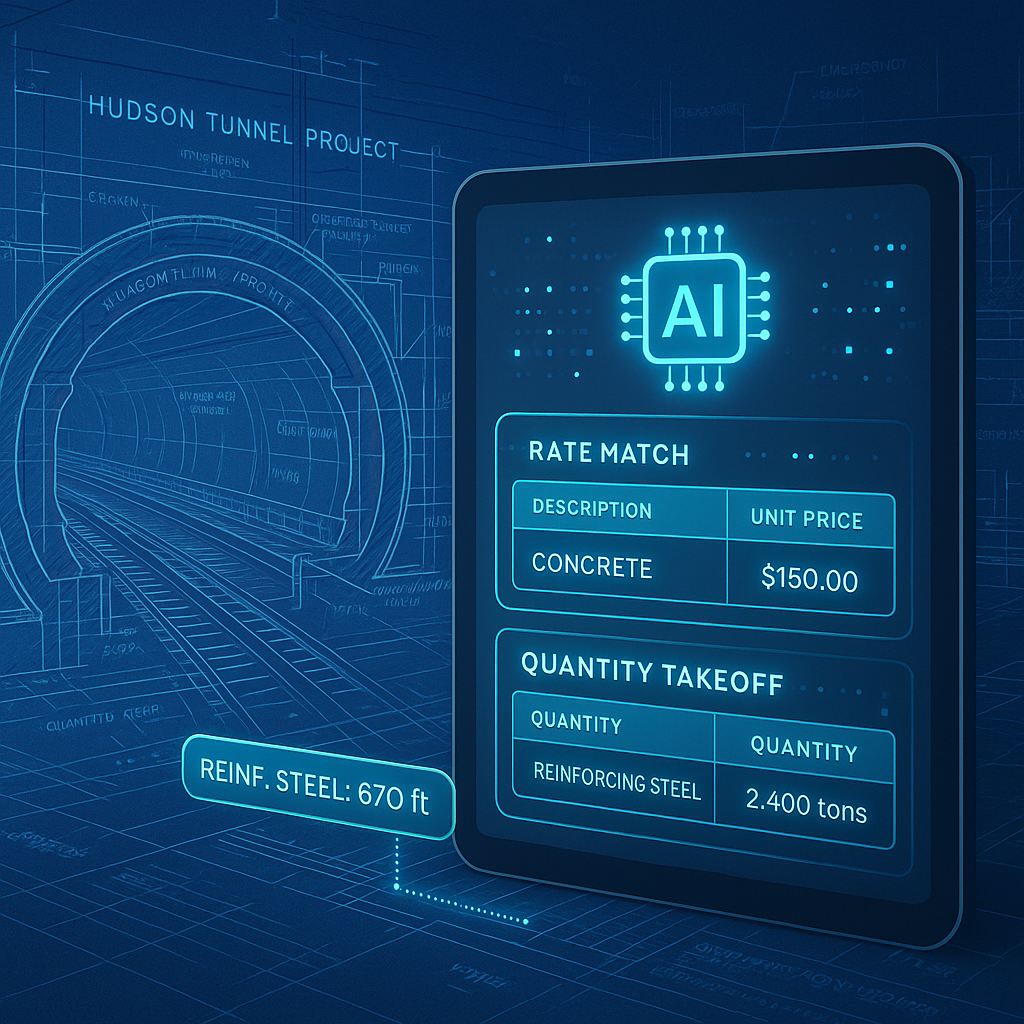 A detailed rendering of AI-powered construction estimation tools overlaying a blueprint of the Hudson Tunnel Project, wi...