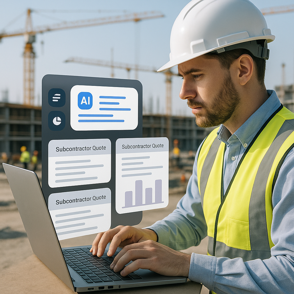 A construction estimator working on a laptop, with an AI interface analyzing multiple subcontractor quotes on the screen...
