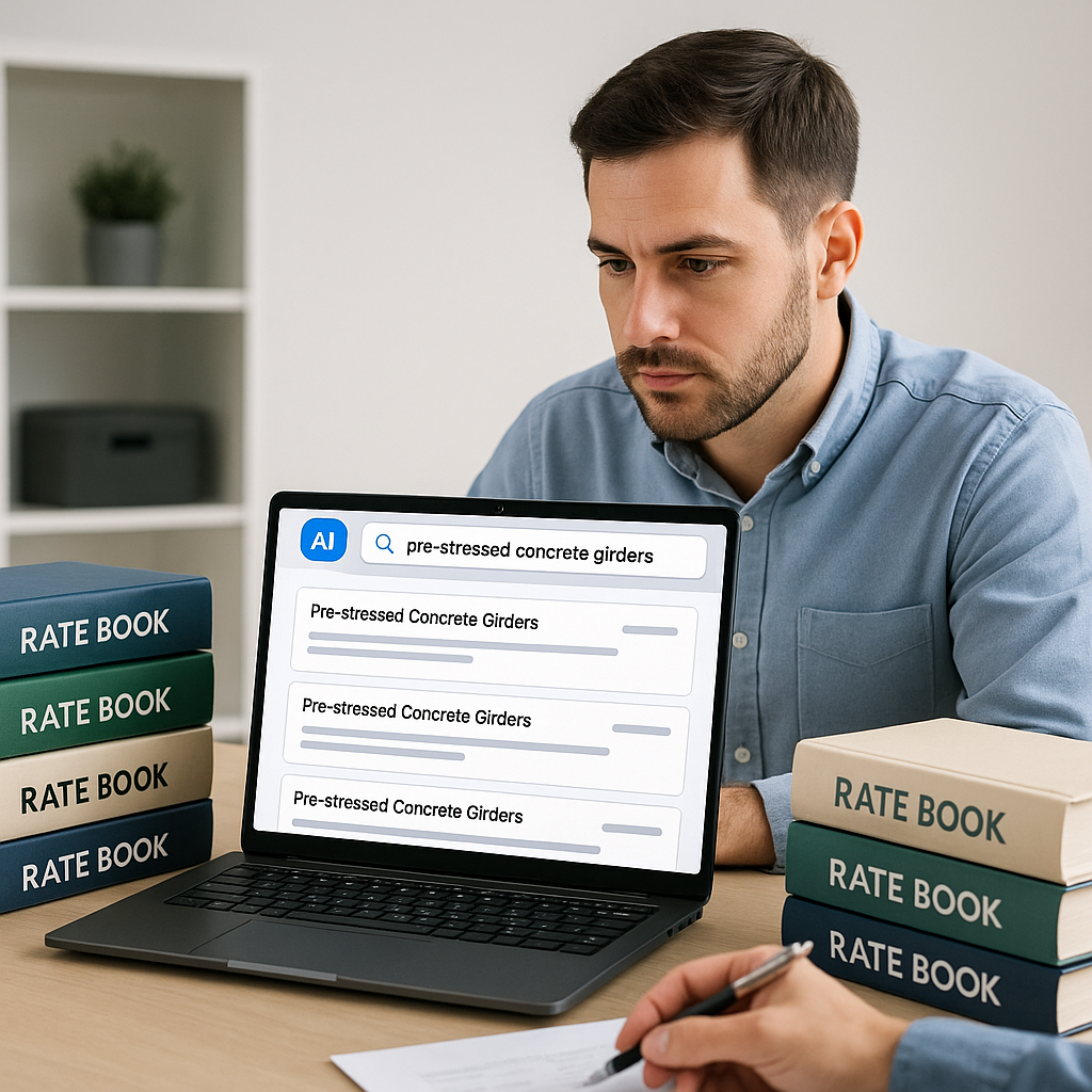 A construction estimator sitting at a desk surrounded by stacks of rate books and a laptop showing an AI-powered softwar...