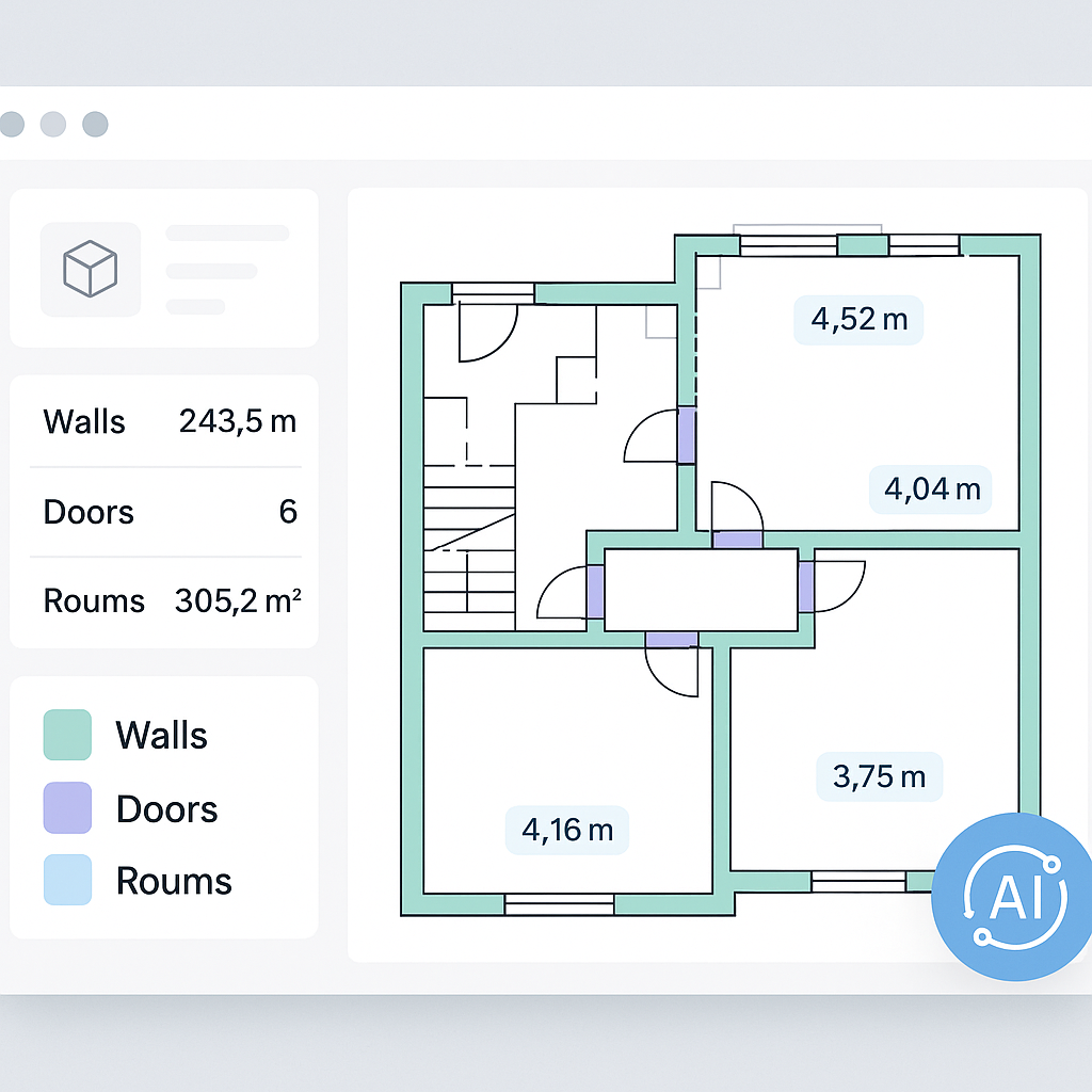 An AI-powered construction software interface showing automated quantity takeoff from a detailed PDF drawing, with annot...