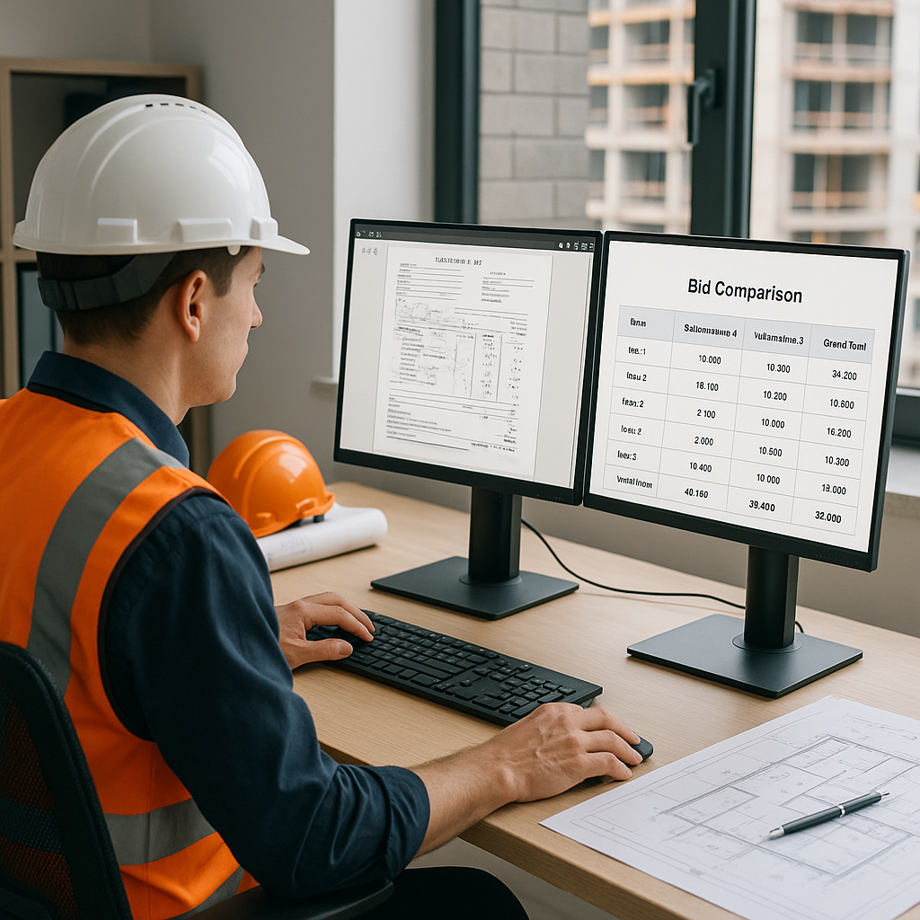 A construction office setting with an estimator using dual monitors, one showing a messy subcontractor bid PDF and the o...